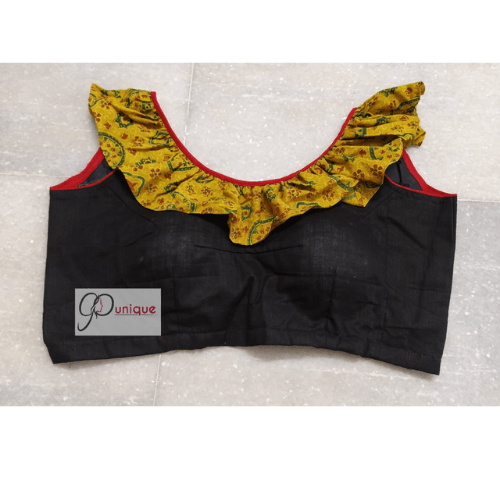 Black Glossy Cotton With Yellow Ajrak Frill Blouse 2