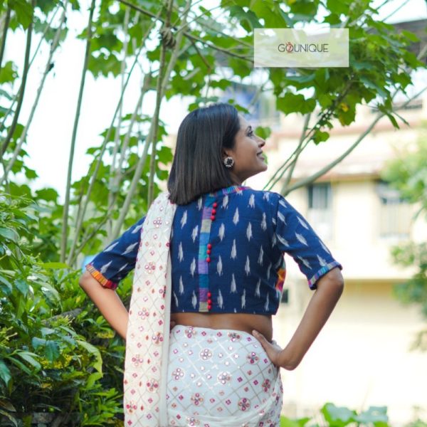 blue ikkat blouse with gamcha check khadi body work and frill