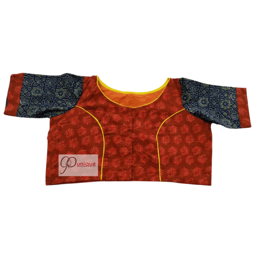 Orangisg Red Ajraj Body With Blue Sleeves Blouse