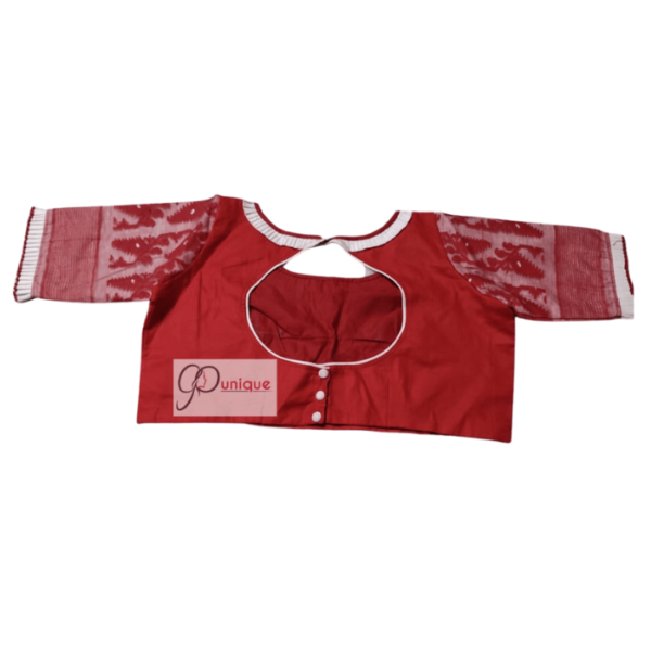 Red Glossy Cotton Body With Red White Jamdani Sleeves