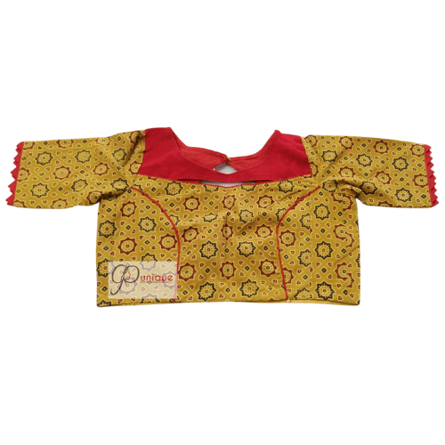 Yellow Ajrak Blouse With Red Khadi Collar