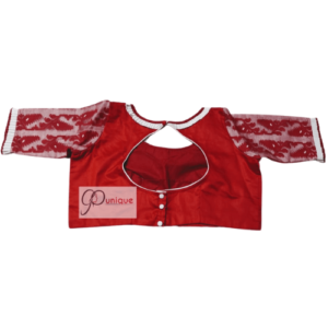 Red Glossy Cotton Body And Red White Jamdani Sleeves Blouse 1