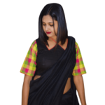 Black Khadi Blouse With Multi Colour Check Sleeves