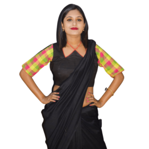 Black Khadi Blouse With Multi Colour Check Sleeves 2