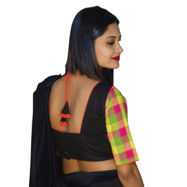 Black Khadi Blouse With Multi Colour Check Sleeves 3