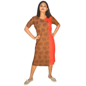 Hati Motive Brown Ajrak With Red Khadi Half Half Dress 1