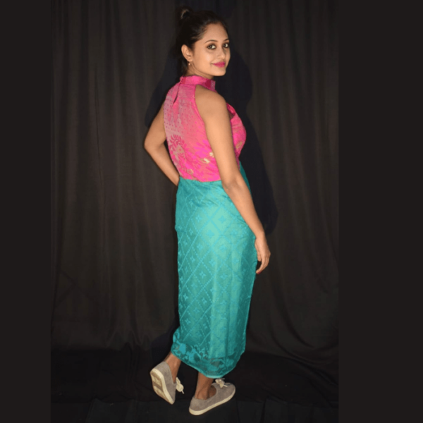 Magenta Jamdani With Sea Green Jamdani Sleeveless Dress 3