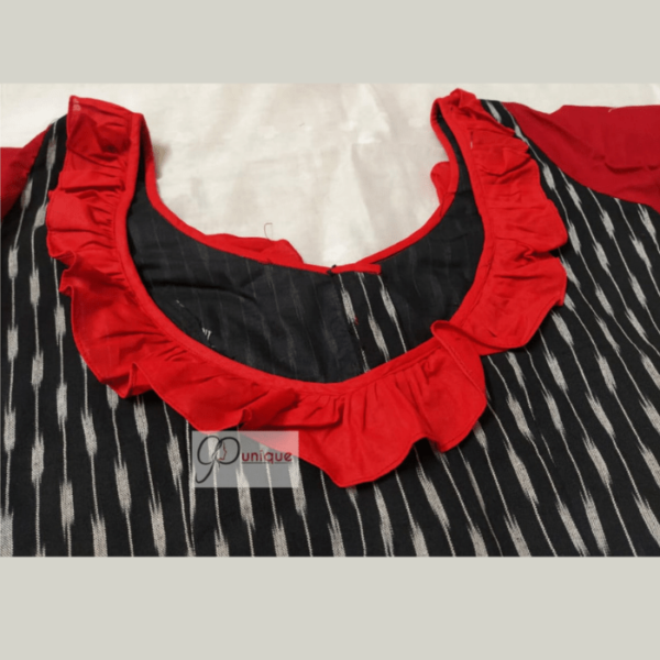 Black Ikkat Body With Red Khadi Sleeves And Neck Frill Blouse 2