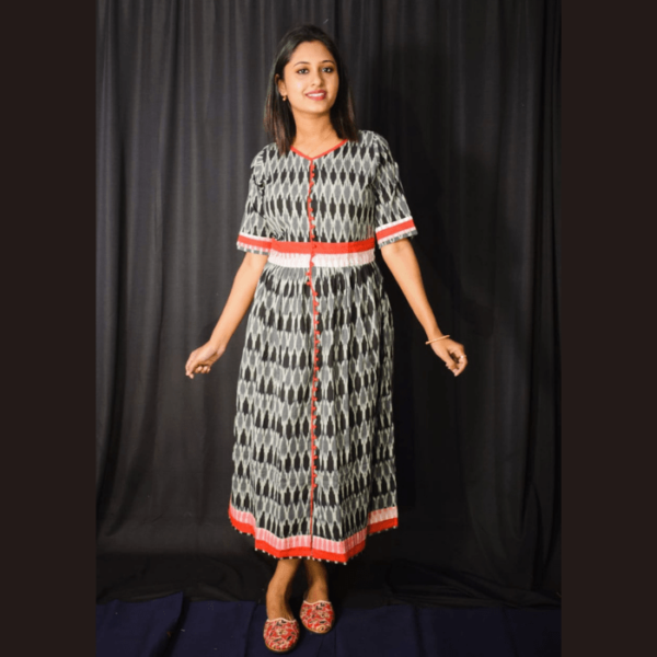 Black Ikkat Dress With Red Border And Frill 2