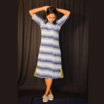 Blue White Ikkat Dress With Green Yellow Side Design