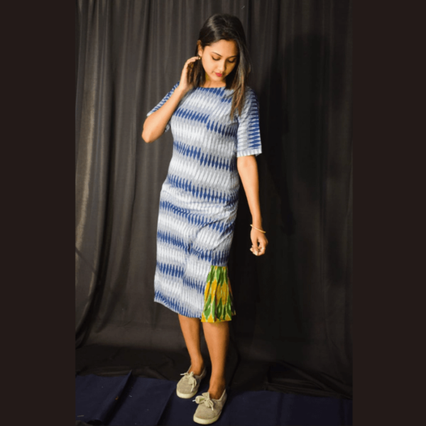 Blue White Ikkat Dress With Green Yellow Side Design 2