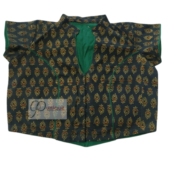 Green Ajrak Blouse With Collar And Green Piping