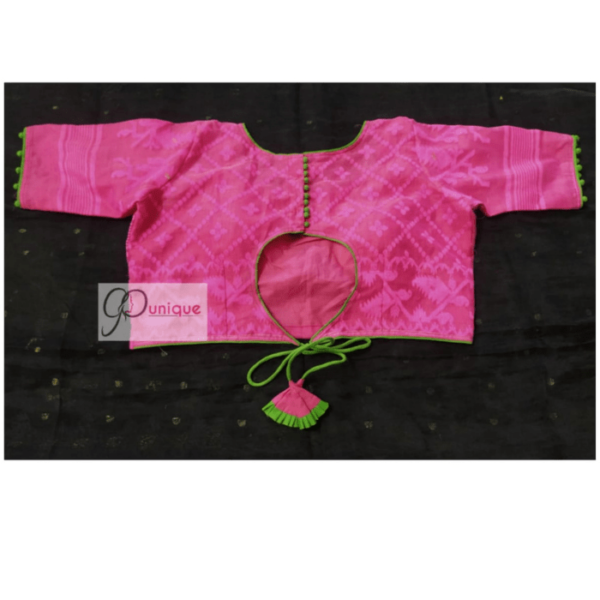 Pink Jamdani With Green Border And Lace Blouse