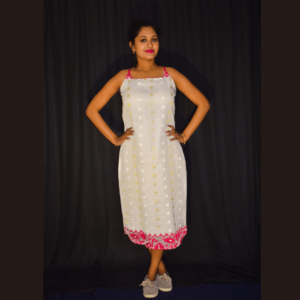 White Jamdani Sleeveless Dress With Magenta Work Finishing