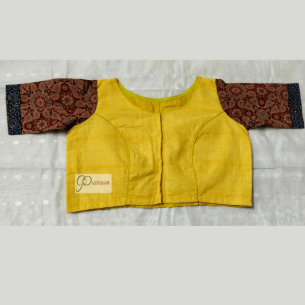 Yellow Multi Fabric Material Blouse With Brown Ajrak Sleeves 1