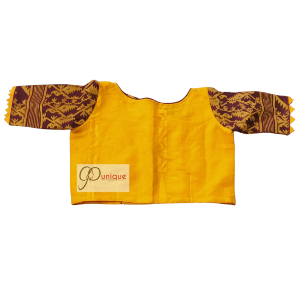 Yellow Jamdani Body With Brown Yellow Sleeves Blouse