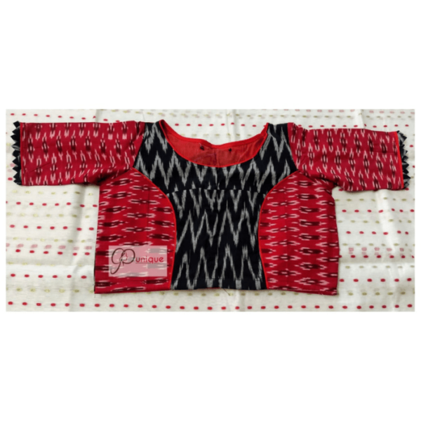 Red Black Combination Ikkat Blouse With Bow