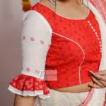 red hakoba with white red jamdani sleeves and frills