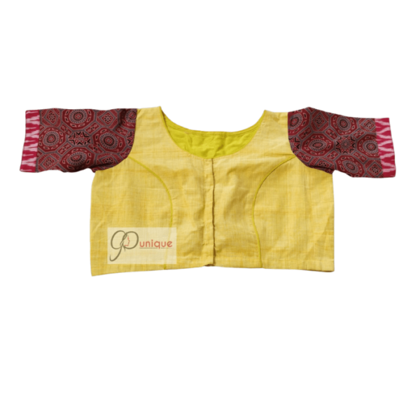 Yellow Khadi Body With Multi Fabric Mixed Back Design Cotton Blouse