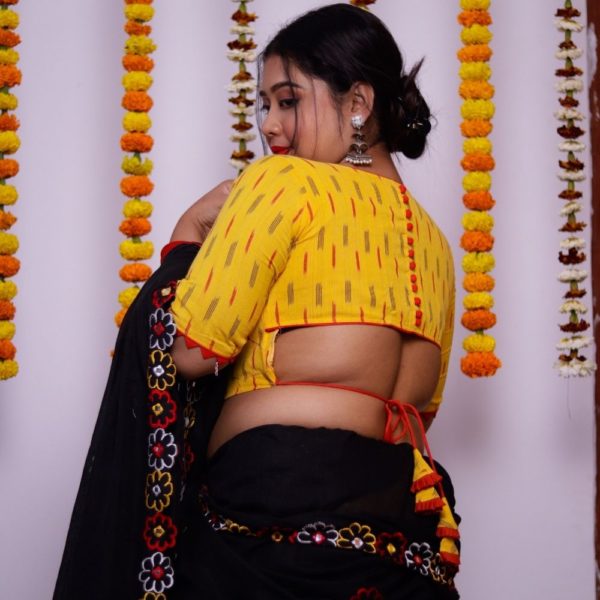 yellow red ikkat backless blouse