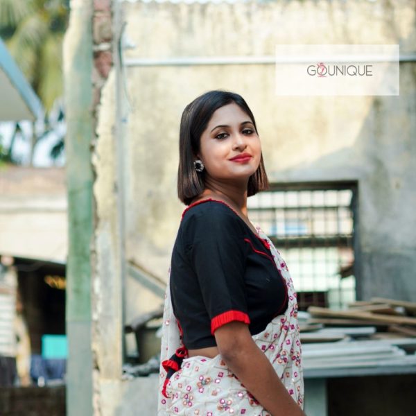 black khadi blouse with red frill and piping