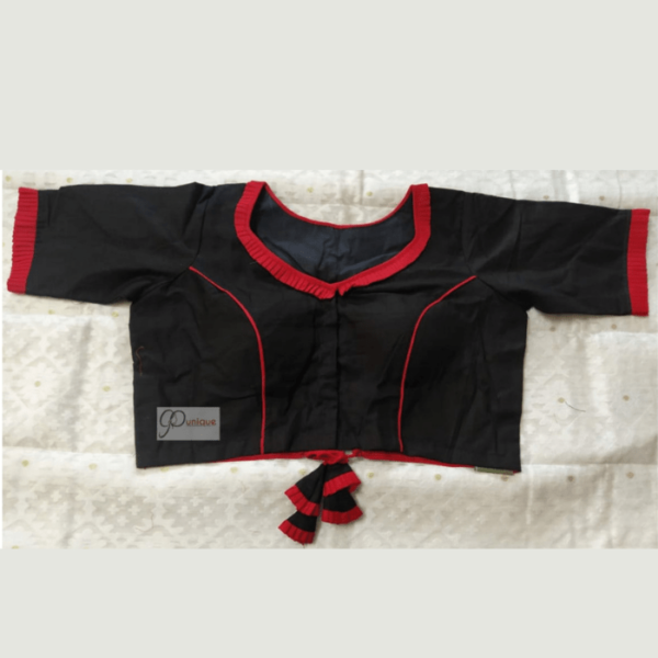 Black Khadi Blouse With Red Frill And Piping