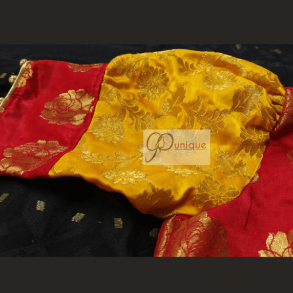Red Banarasi Body With Yellow Banarasi Sleeves Blouse 2