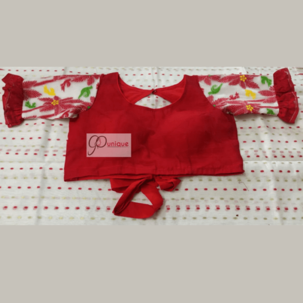 Red Jamdani Body With White Sleeves And Red Green Sleeves Work. Blouse 1(1)