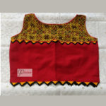 Yellow Ajrak With Red Khadi And Yellow Triangle Frill Sleeveless Blouse