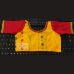 Yellow Body Jamdani With Red Jamdani Sleeves Blouse With Green Yellow Frill 1