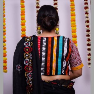 black khadi with multi ajrak ikkat blouse