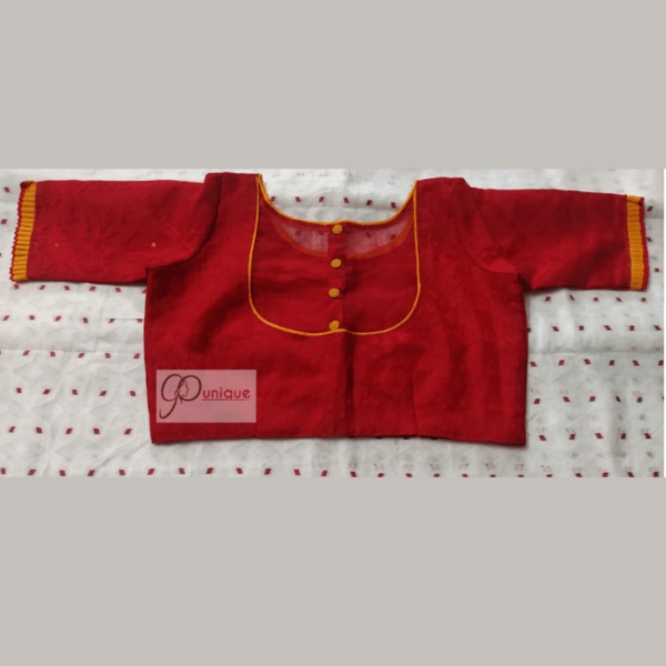 Red Jamdani With Yellow Piping And Frill Blouse