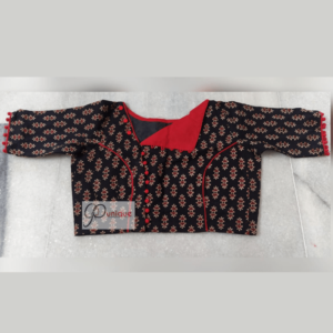 Black Ajrak Flower Motive Blouse With Red Collar Design 2