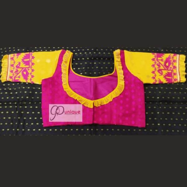 Pink Jmdani Body With Pink Yellow Jamdani Sleeves Blouse