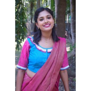 sky blue jamdani body with pink jamdani sleeves and neck frill blouse
