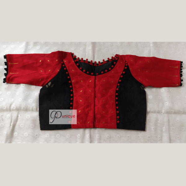 red and black combination jamdani blouse with pompom balls 1