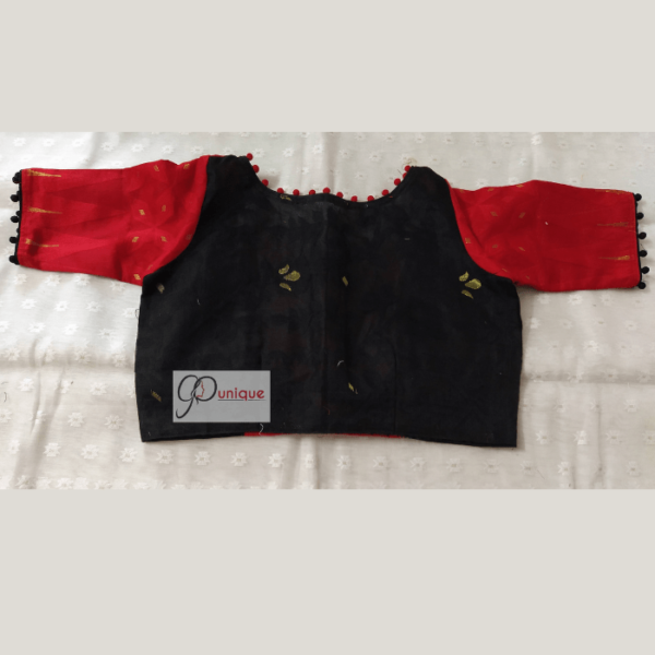 red and black combination jamdani blouse with pompom balls