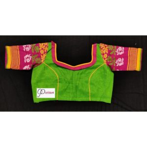 green jamdani body with multi colours work with 3layer frill blouse