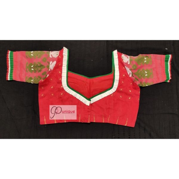 red jamdani body with white green work with 3layer frill blous1e