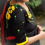 black yellow green 3d hand embroidery blouse with frills