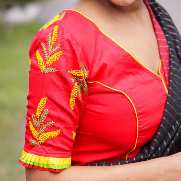 red yellow green hand embroidery blouse with frills