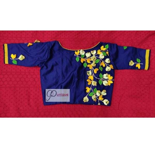 blue yellow green hand 3d embroidery blouse with frills