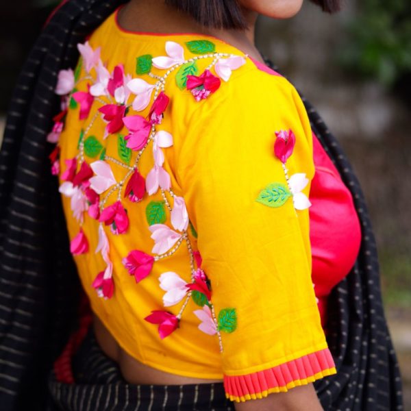 yelow cotton silk with kagoj full 3d embroidery blouse