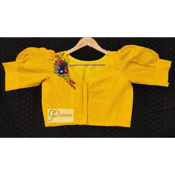 yellow hakoba with hand embroidary with puff sleeves blouse desine5