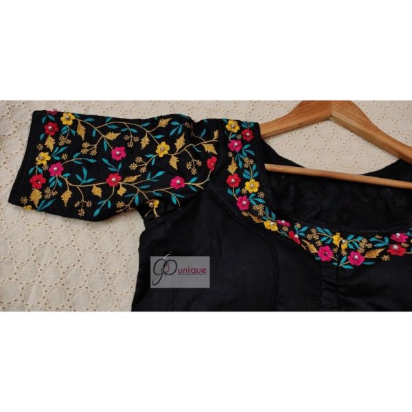 black flower motif aari embroidery blouse design1