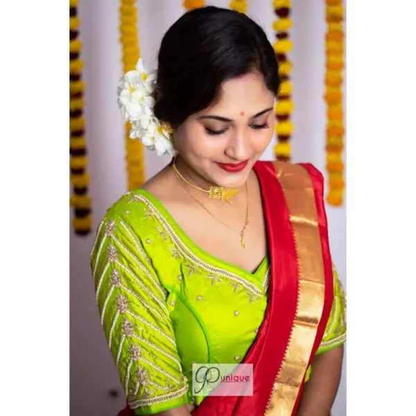 parrot green body golden beads with white pearl maggam work blouse