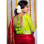 parrot green body golden beads with white pearl maggam work blouse2
