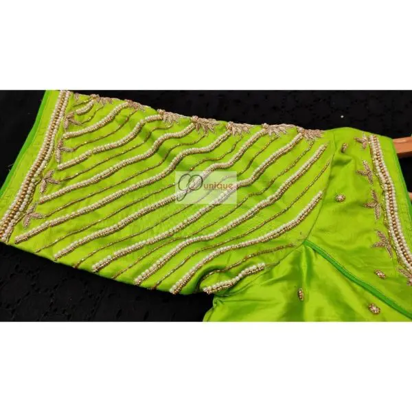 parrot green body golden beads with white pearl maggam work blouse5
