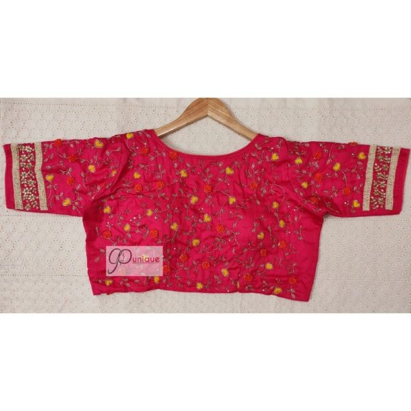 pink floral motif maggam blouse design3