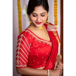 red body golden beads with white pearl maggam work blouse